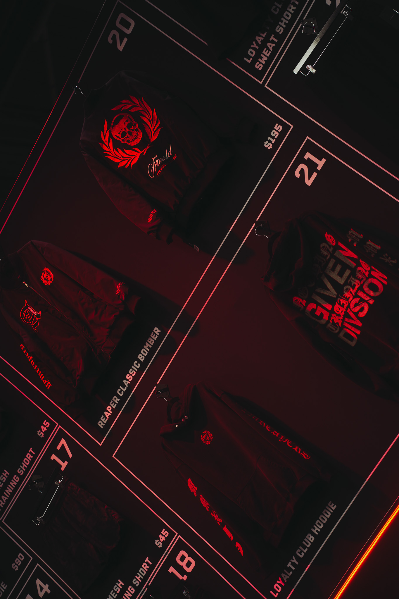 Arnold event merchandise under red light